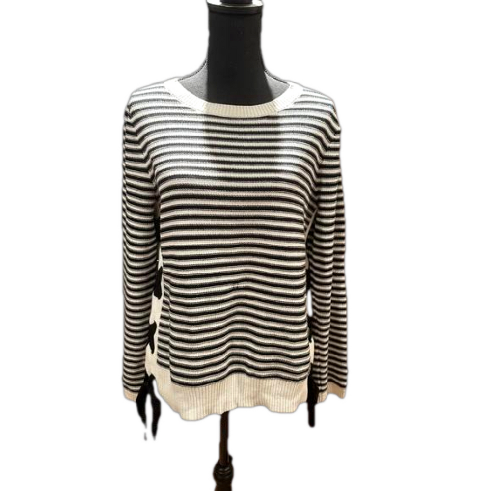 Cupid Black and White Striped Pullover Sweater Lace Up Sides Large